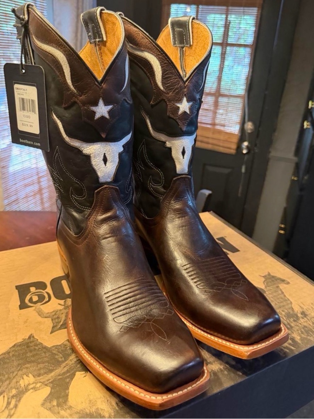 Moonshine Spirit Men’s Brown Western Cowboy Boots with Embroidered Black Shaft